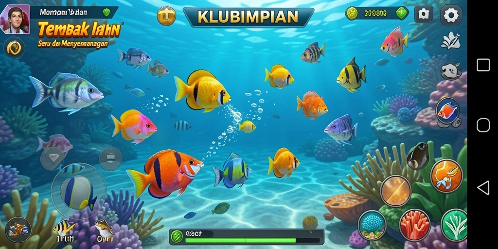 Tangkapan layar gameplay KLUBIMPIAN menunjukkan aksi menangkap ikan yang seru.