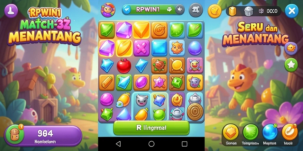 Screenshot RPWIN1 menampilkan gameplay Match-3 penuh warna dan seru.